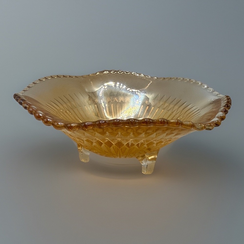 Vintage Jeannette Carnival Glass Three Footed Bowl/Candy Dish Marigold Scalloped